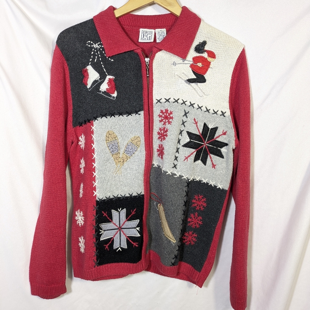Vntg Field Gear Collared Zip Winter Fun Ski Skate‎ Sled Cardigan Embellished Med